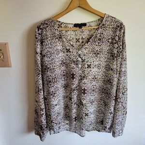 SANCTUARY Popover Blouse Semi Sheer Long Sleeve Brown White Large